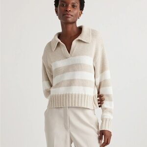Quince Beige and White Striped V-Neck Cropped Cotton Sweater